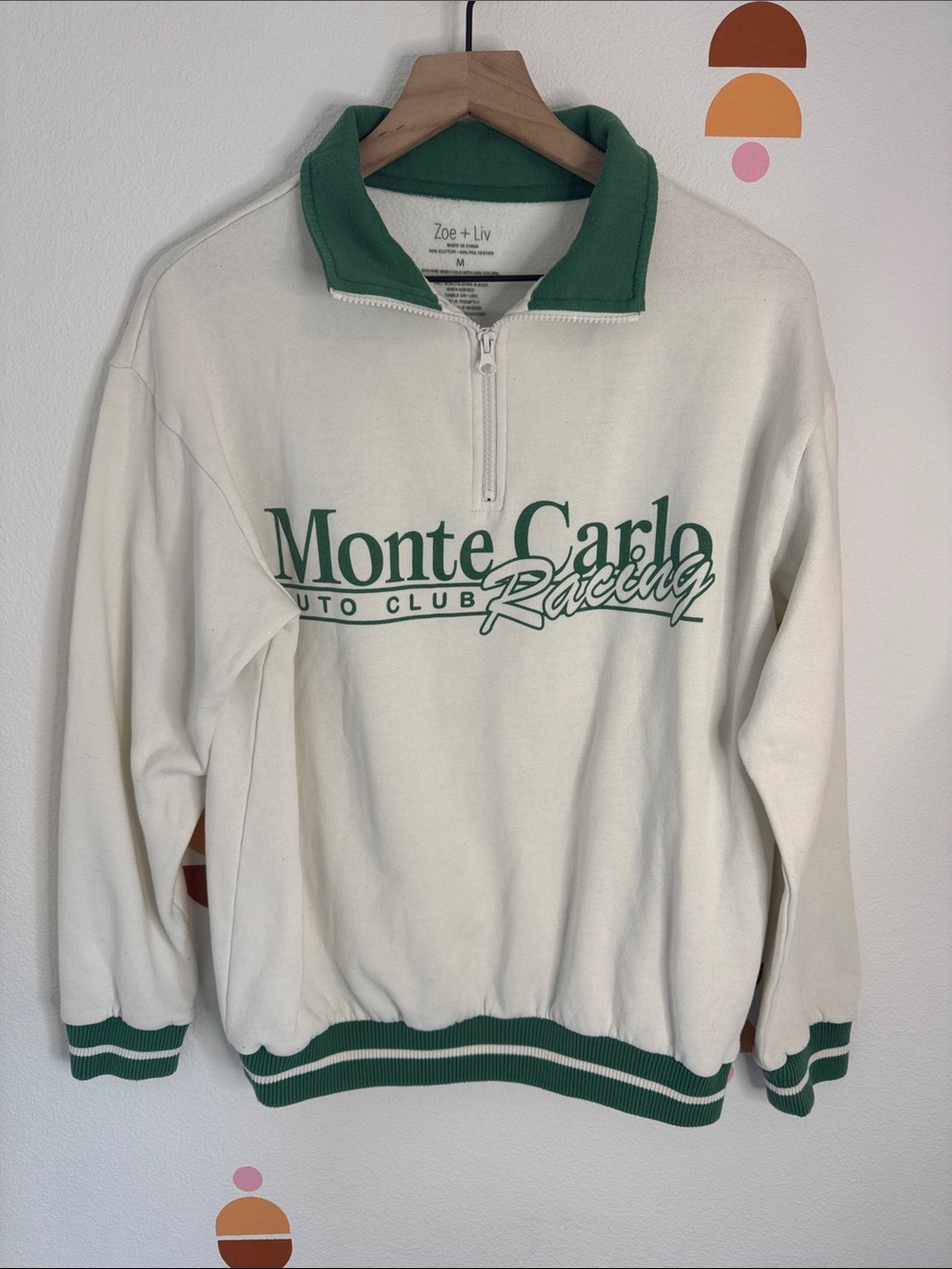 Zoe + Liv Cream Half-Zip Sweatshirt with Green Trim and Racing Logo N0308